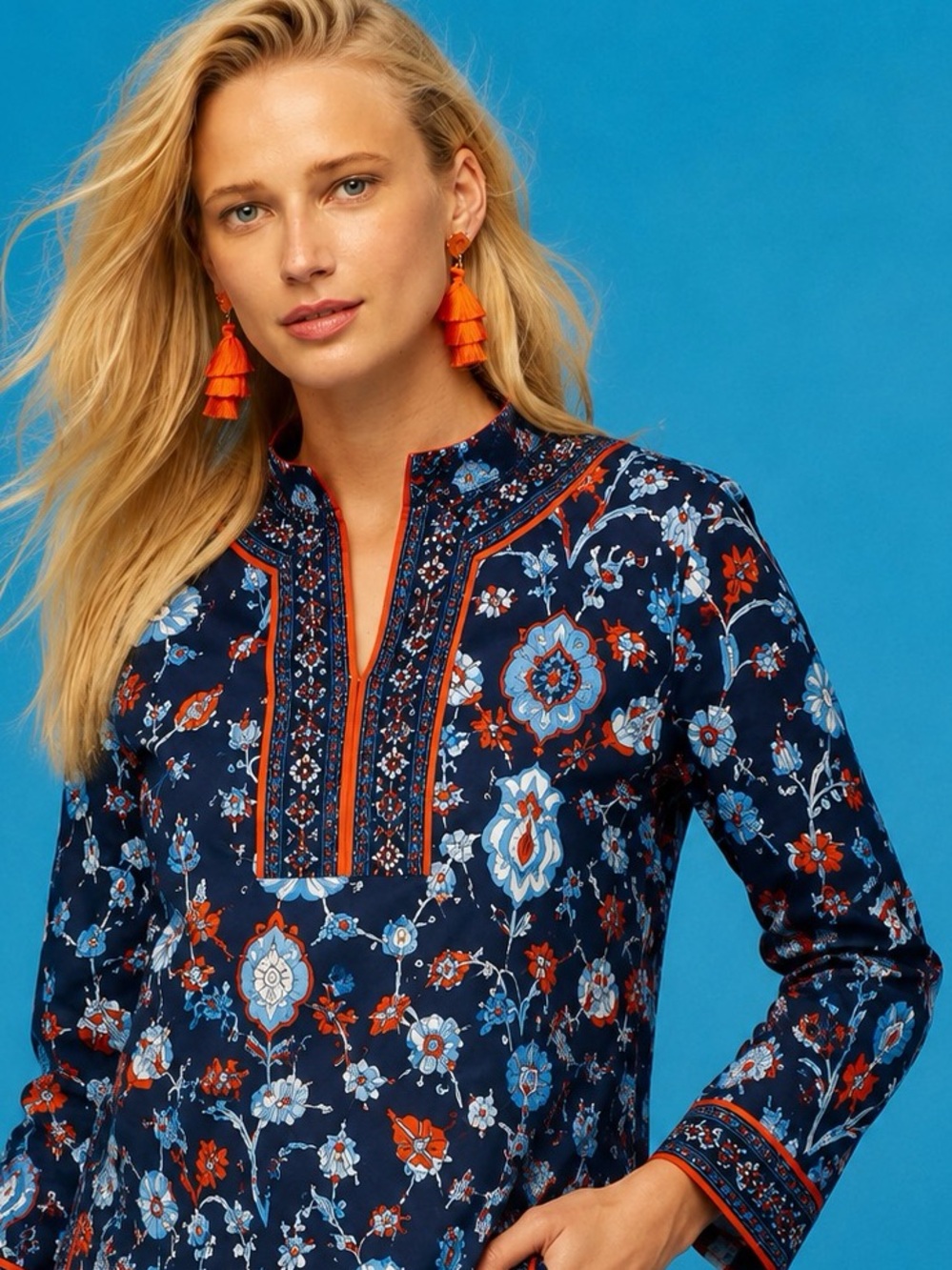 Gretchen Scott Navy Floral Print Tunic Top Orange Trim 3/4 Sleeve Women Size S - Picture 3 of 9